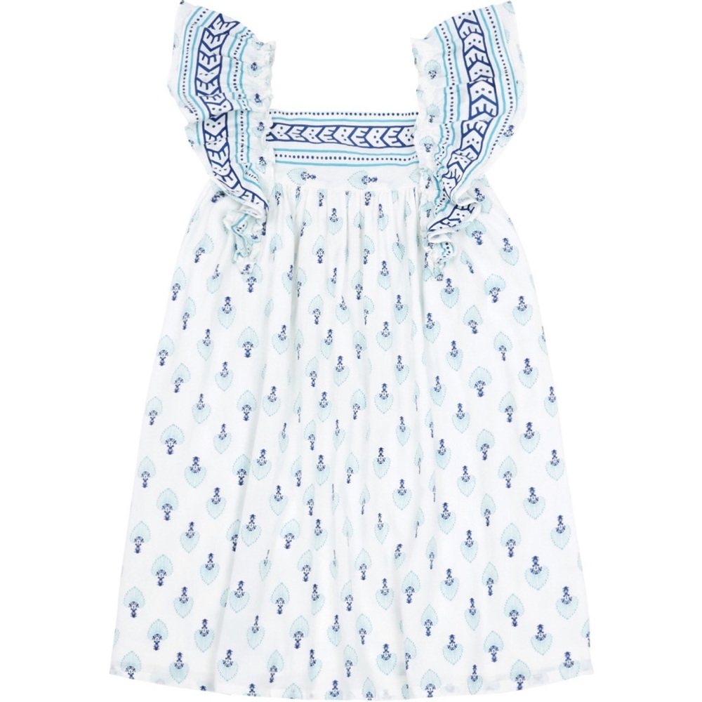 Blue and White French brand -Lison -Zanzibar Patterned Dress with Ruffle Sleeves